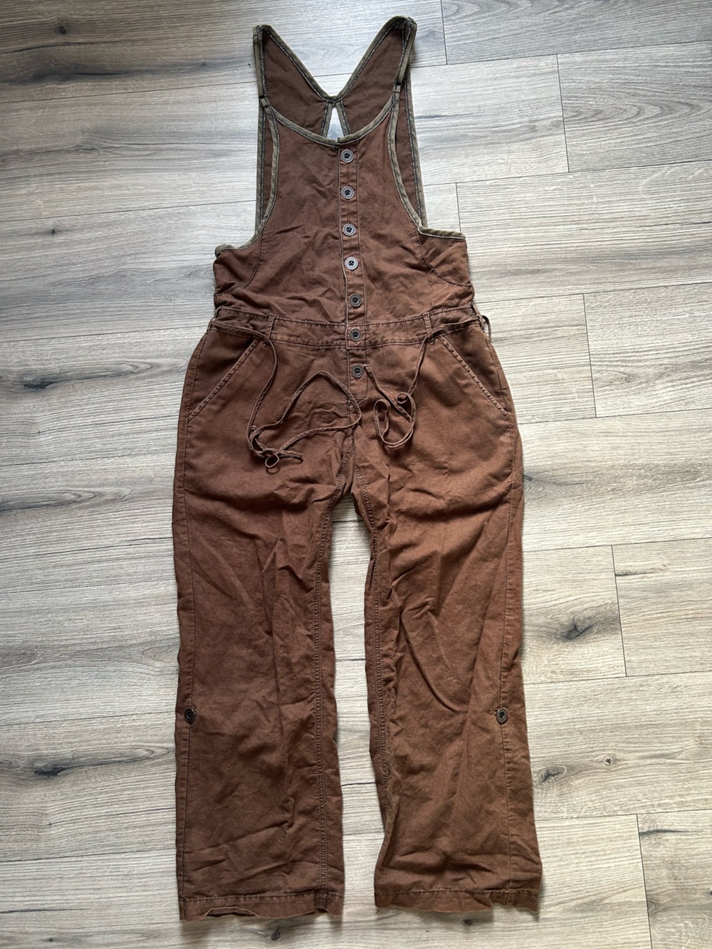 Free People Deep Trance Overalls Brown Sugar Cotton Wide Leg Boho Chic Size 4